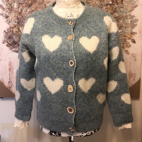 Cardigan sweater heart blue knit button womens winter thick sweater Long sleeve - Picture 1 of 9